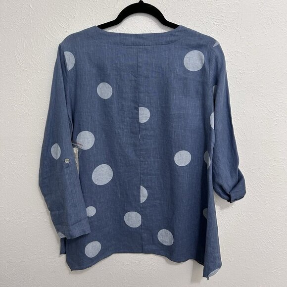 Ali Miles 100% Linen Blue Chambra Polka Dot Artsy Pointed Hem Tab Sleeve Top S - Picture 8 of 12
